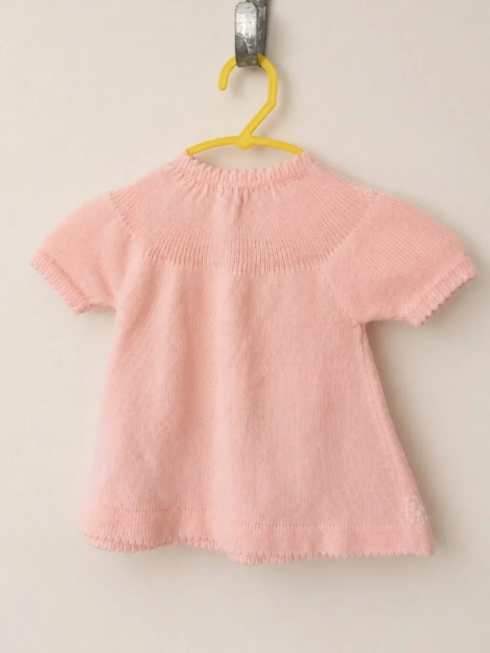 Vintage Pink Hand Knit Style Baby Sweater Dress Floral Embroidered Acrylic
